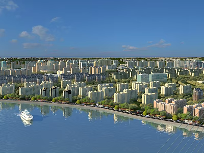 Aerial Urban Planning View Of Waterfront City With Residential Buildings Green Trees And White Yacht 3d model