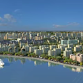 Aerial Urban Planning View Of Waterfront City With Residential Buildings Green Trees And White Yacht