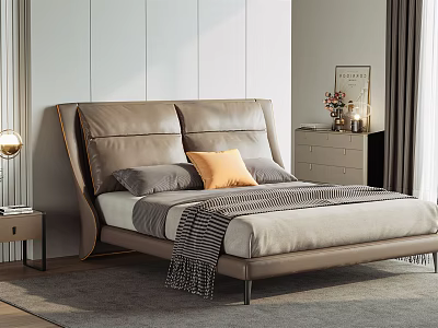 Modern Brown Leather Double Bed with Grey Pillows Orange Cushion Striped Blanket and Gold Lamp 3d model