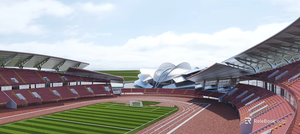 Modern Stadium With Green Football Field Red Running Track And Spectator Stands 3d model 