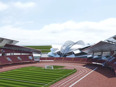 Modern Stadium With Green Football Field Red Running Track And Spectator Stands 3d model