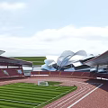 Modern Stadium With Green Football Field Red Running Track And Spectator Stands
