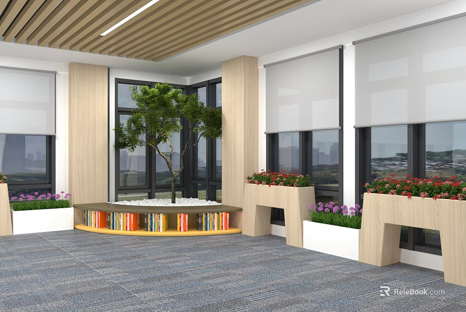 Modern Leisure Area Interior Design With Wooden Ceiling Large Windows Green Plants And Bookshelf 3d model 