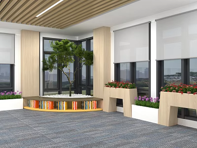 Modern Leisure Area Interior Design With Wooden Ceiling Large Windows Green Plants And Bookshelf 3d model
