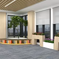 Modern Leisure Area Interior Design With Wooden Ceiling Large Windows Green Plants And Bookshelf