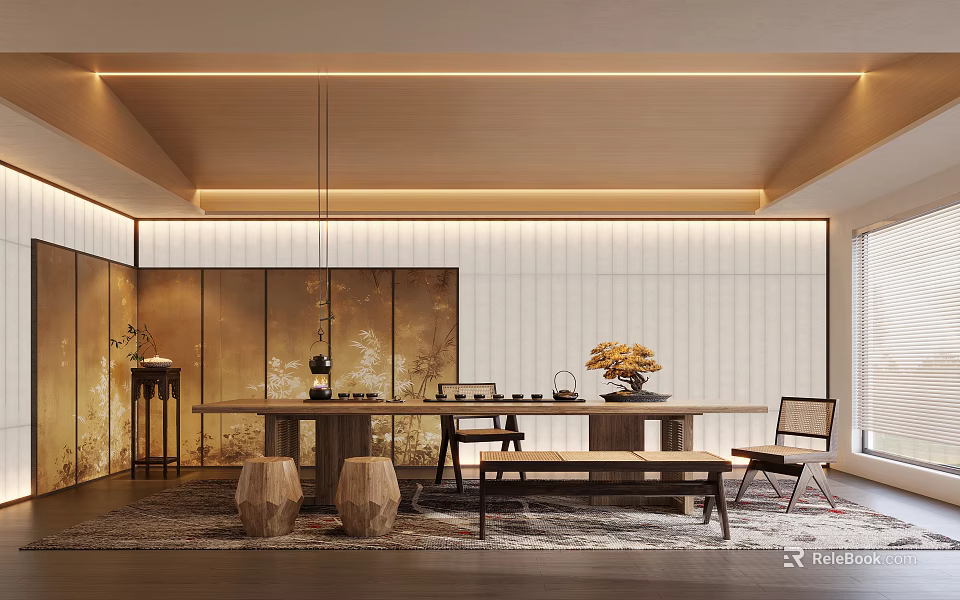 Japanese Style Tea Room Interior With Wooden Table Chairs Shoji Screen And Warm Lighting 3d model 