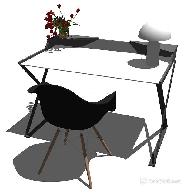 Modern Desk With White Top Black Metal Frame Black Chair Wooden Legs And White Lamp 3d model 