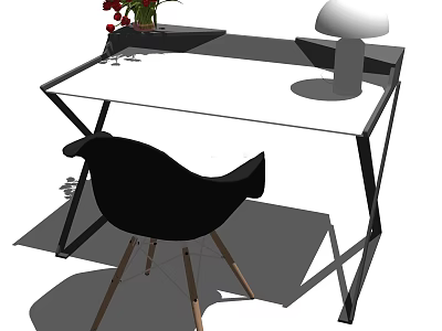 Modern Desk With White Top Black Metal Frame Black Chair Wooden Legs And White Lamp 3d model