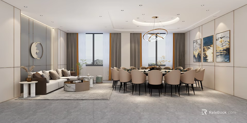 Modern Private Room Interior Design With Round Dining Table And Chandelier Sofa 3d model 