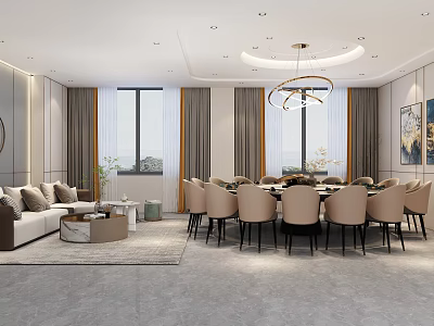 Modern Private Room Interior Design With Round Dining Table And Chandelier Sofa 3d model