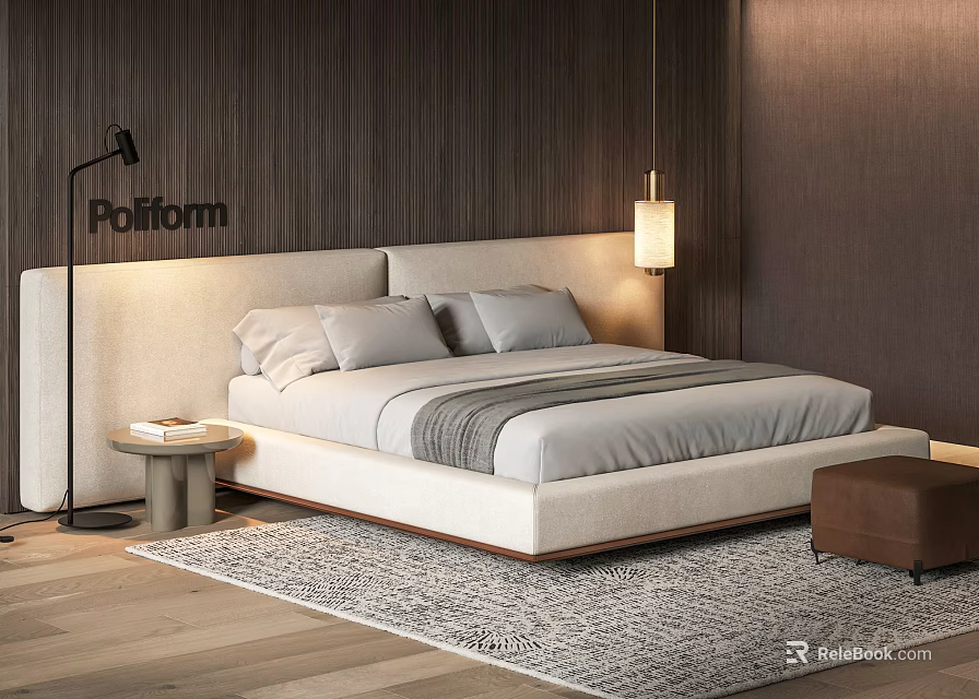 Poliform Double Bed With Light Colored Headboard Gray Sheets Floor Lamp And Area Rug 3d model 