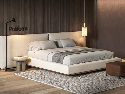 Poliform Double Bed With Light Colored Headboard Gray Sheets Floor Lamp And Area Rug 3d model