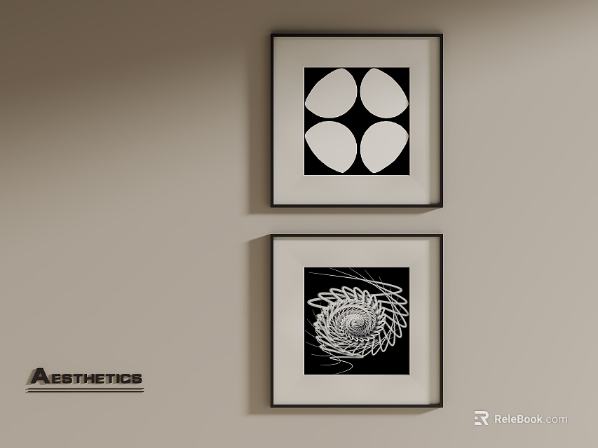Black and White Abstract Paintings With Geometric Shapes And Spiral Pattern Hanging On Wall 3d model 