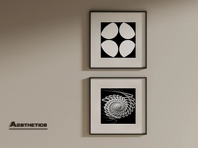 Black and White Abstract Paintings With Geometric Shapes And Spiral Pattern Hanging On Wall 3d model