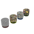 Stylish Black White Checkered Ottoman With Brown Base For Living Room
