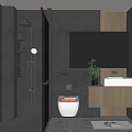 Modern Bathroom Interior With Glass Shower Enclosure Gray Walls Wooden Vanity And White Fixtures