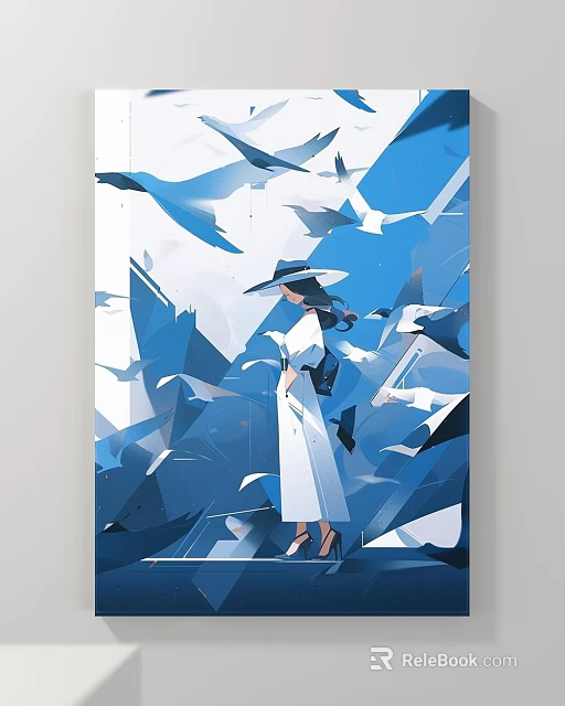 Landscape Painting Featuring Woman Wearing Hat Blue Geometric Background And Flying White Birds 3d model 