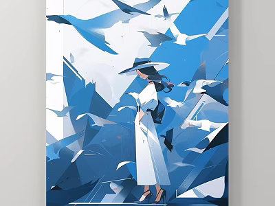Landscape Painting Featuring Woman Wearing Hat Blue Geometric Background And Flying White Birds 3d model