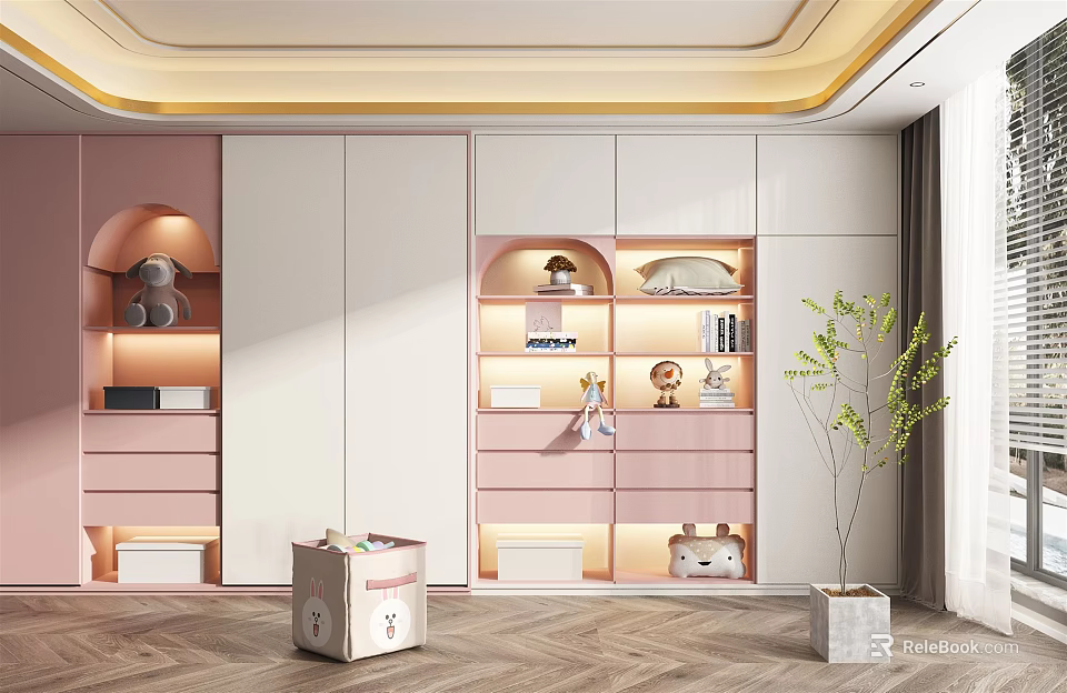 Modern Wardrobe Design With Pink And White Panels Built in Lighting Open Shelves And Decorative Plants 3d model 