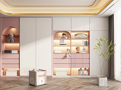 Modern Wardrobe Design With Pink And White Panels Built in Lighting Open Shelves And Decorative Plants 3d model