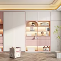 Modern Wardrobe Design With Pink And White Panels Built in Lighting Open Shelves And Decorative Plants