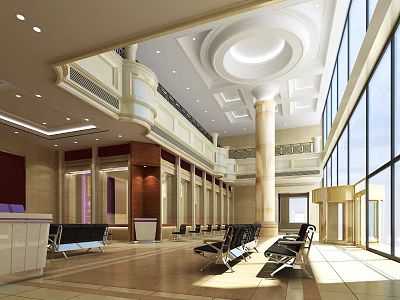 Spacious Bright Service Hall Interior Design With Waiting Seats Reception Desk And Large Windows 3d model