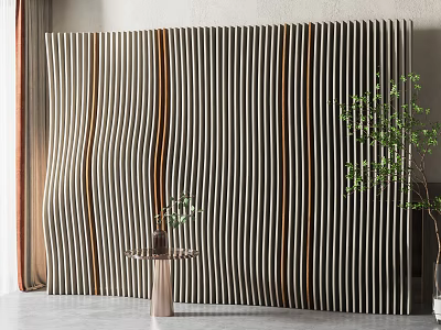 Wavy Vertical Striped Accent Wall With Wooden Texture And Green Plant Decoration 3d model
