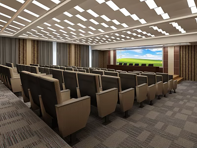 Modern Conference Room With Arranged Seats Large Screen And Ceiling Lighting 3d model