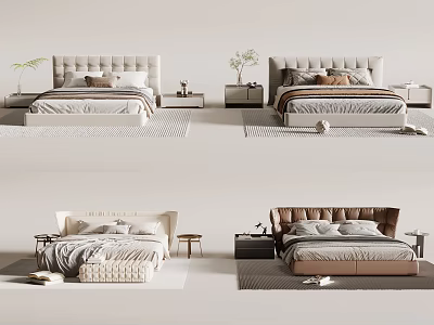 Modern Double Bed With Upholstered Headboard Bedside Tables And Decorative Plants 3d model