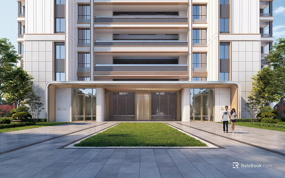 Modern Residential Building Entrance With Lawn Area And Pedestrians Walking By 3d model 