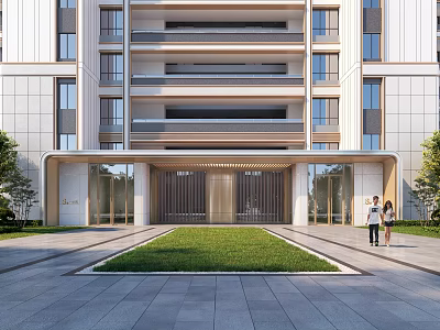 Modern Residential Building Entrance With Lawn Area And Pedestrians Walking By 3d model