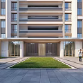 Modern Residential Building Entrance With Lawn Area And Pedestrians Walking By
