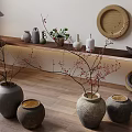 Interior Ceramic Vases With Red Berry Branches On Wooden Floor And Shelf Decor