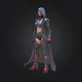Futuristic Female Character In Tech Style Armor With Hooded Cloak And Glowing Red Accents