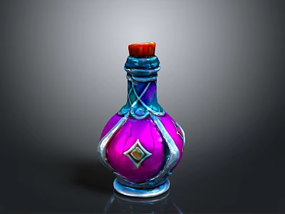 Ornate Glass Bottle With Red Cap Purple Blue Accents And Gemstone Design 3d model