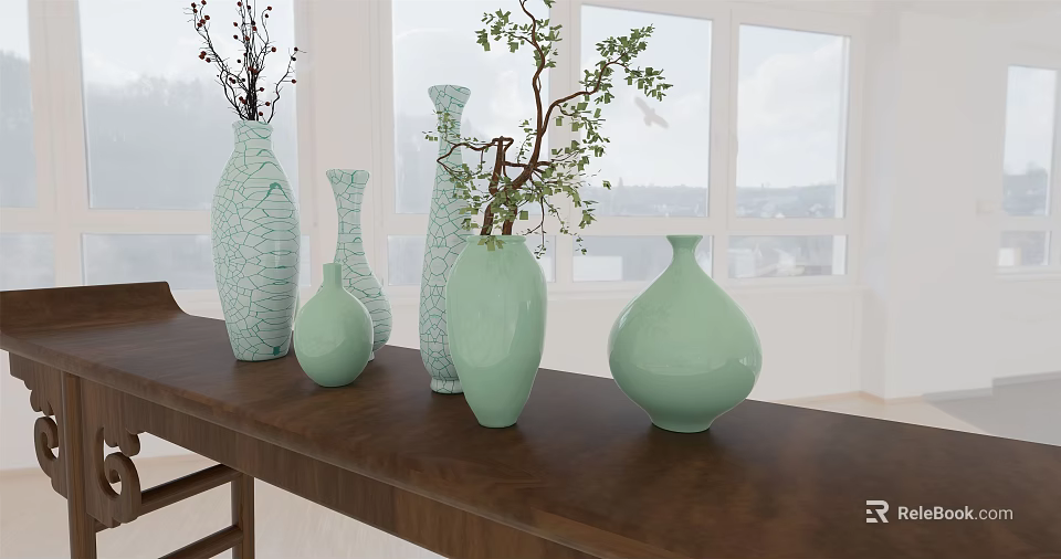 Light Green Vases With Various Shapes And Plants On Wooden Table By Bright Window 3d model 