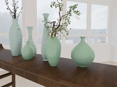 Light Green Vases With Various Shapes And Plants On Wooden Table By Bright Window 3d model