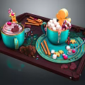 Delicious Hot Drinks in Turquoise Mugs with Marshmallows Candy and Cinnamon Sticks on Wooden Tray