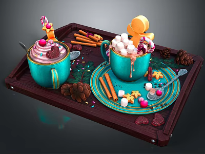 Delicious Hot Drinks in Turquoise Mugs with Marshmallows Candy and Cinnamon Sticks on Wooden Tray 3d model