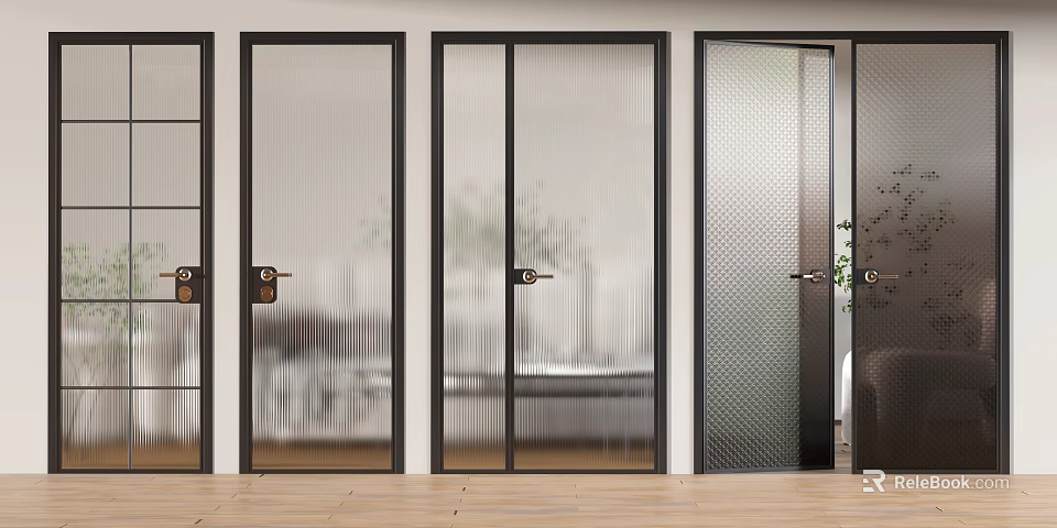 Modern Glass Door Designs With Black Frames And Various Interior Patterns 3d model