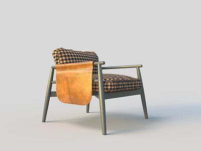Modern Single Sofa With Plaid Pattern Upholstery Metal Armrests And Side Leather Pouch 3d model