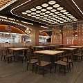Modern Restaurant Interior With Dining Tables Chairs And Hanging Pendant Lights