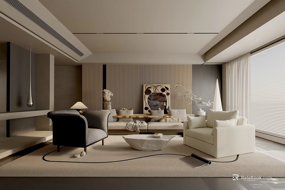 Modern Living Room Interior Design With Gray Sofa White Armchairs Beige Rug And Decorative Art 3d model 