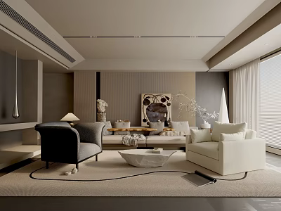 Modern Living Room Interior Design With Gray Sofa White Armchairs Beige Rug And Decorative Art 3d model