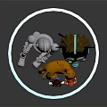 Cartoon Character With Headphones And Robot Standing With Small Figures On Blue Ring Base