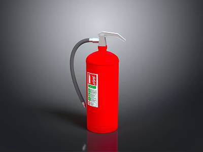 Red Fire Extinguisher With Silver Nozzle Gray Hose And Safety Label 3d model