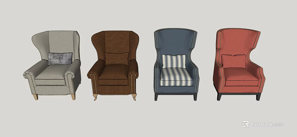 Stylish Various Colored Armchairs with Light Gray Brown Navy Red and Striped Cushion Designs 3d model 
