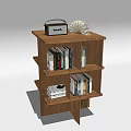 Wooden Sleek Bookcase With Multiple Shelves Radio Decorative Light And Stacked Books