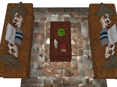 Brown Sofa and Coffee Table Set with Pillows Green Plant Books on Patterned Tiled Floor 3d model
