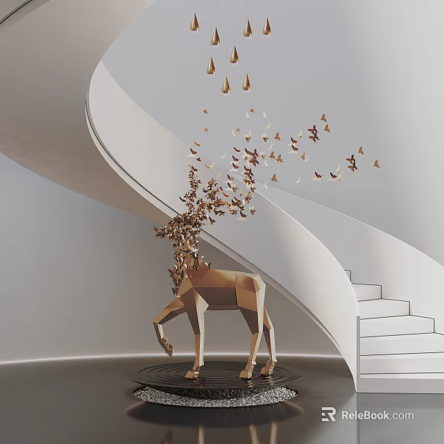 Modern Geometric Deer Sculpture Metal Carving With Spiral Staircase And Flying Butterfly Decorations 3d model 